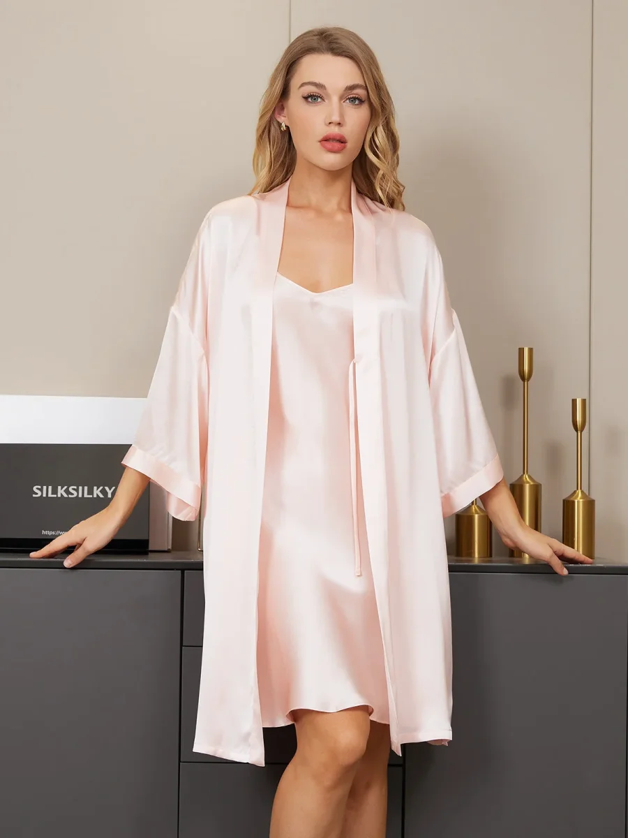 Kimono De Seda Bata Con Escote En V Camisón - Imagen 5