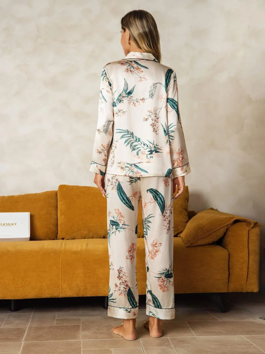 Conjunto De Pijama De Mujer De Seda Pura Con Estampado Botánico De Manga Larga Y Pantalones - Imagen 3