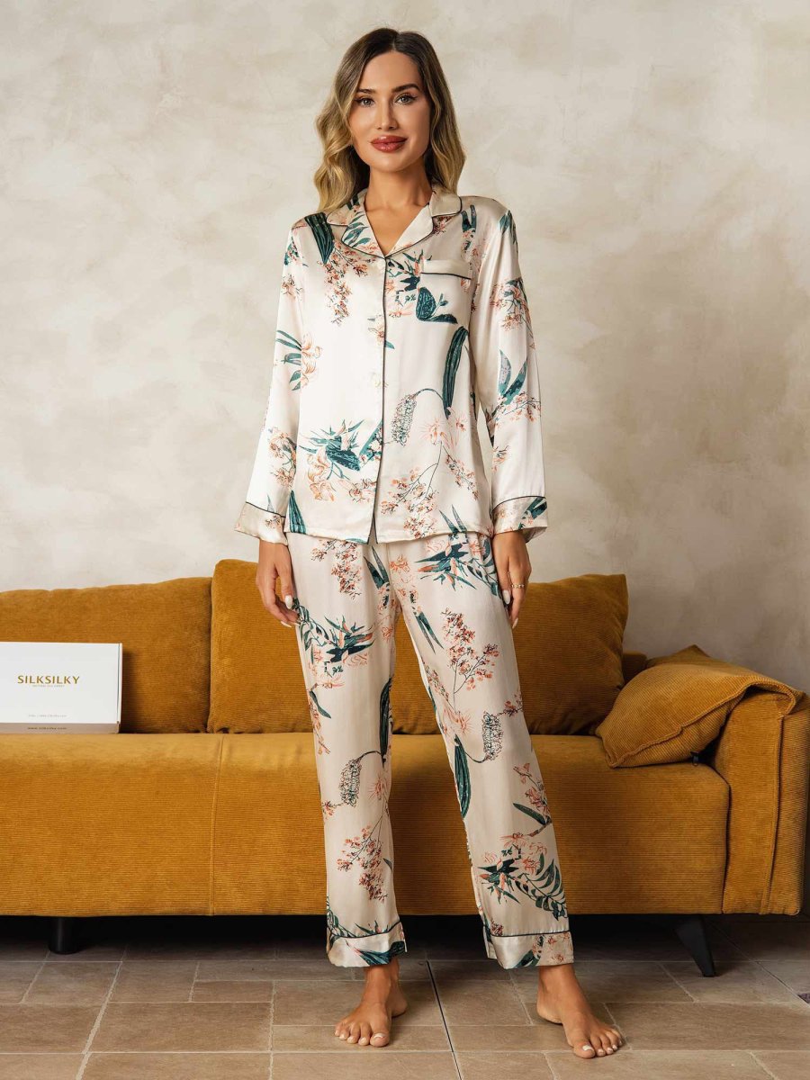 Conjunto De Pijama De Mujer De Seda Pura Con Estampado Botánico De Manga Larga Y Pantalones - Imagen 6