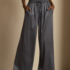 Pantalones Mujer de Cintura Alta Pierna Ancha en Seda 19Momme con Cintura Fruncida con Cordón