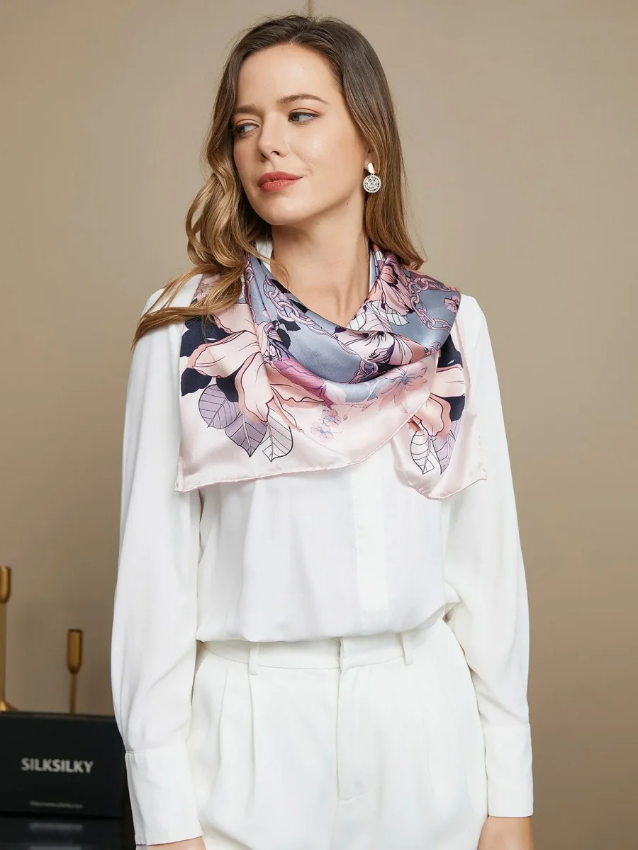 Bufanda / chal cuadrado de seda pura con estampado floral 86x86cm - Imagen 3