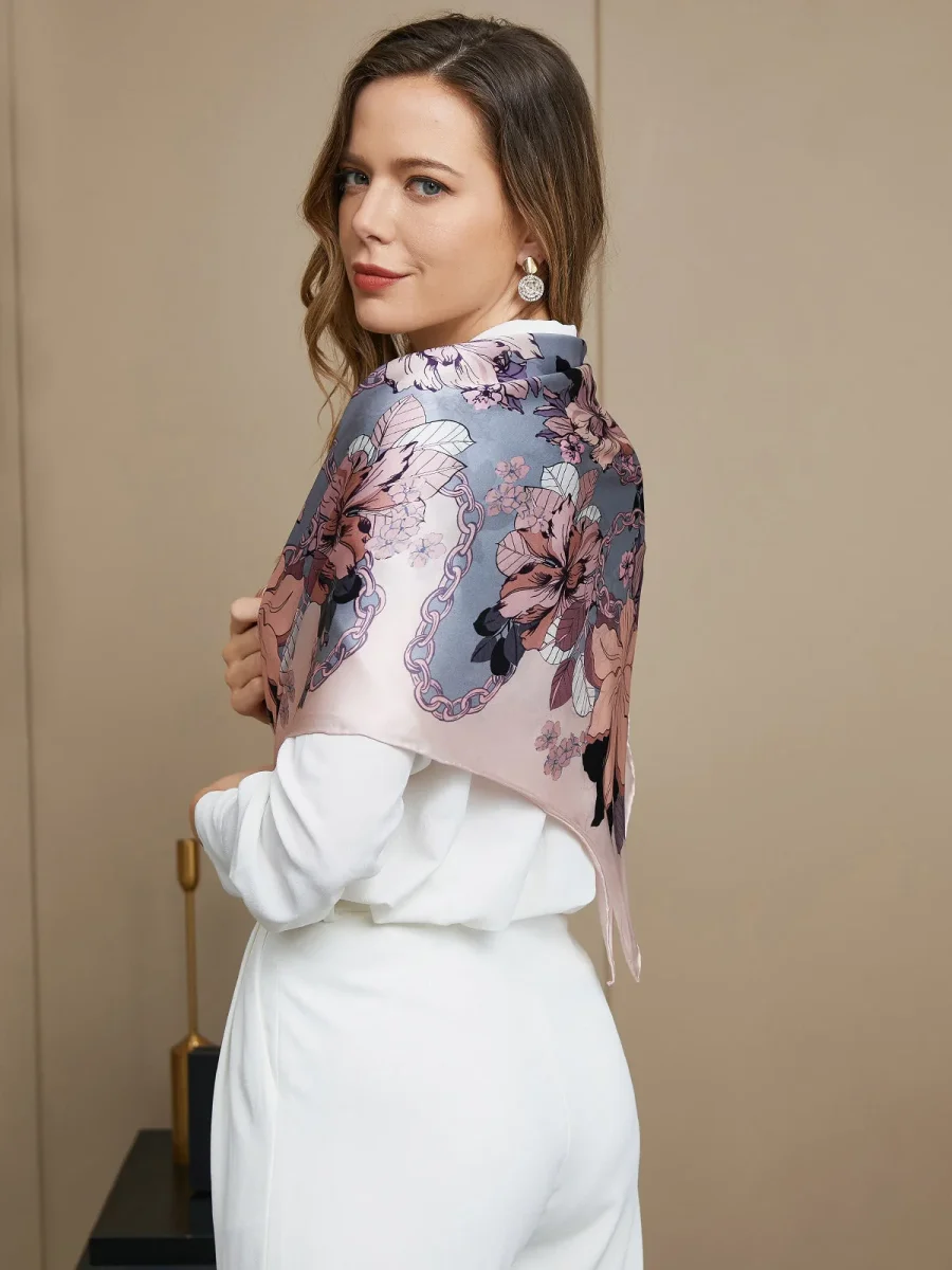 Bufanda / chal cuadrado de seda pura con estampado floral 86x86cm - Imagen 7