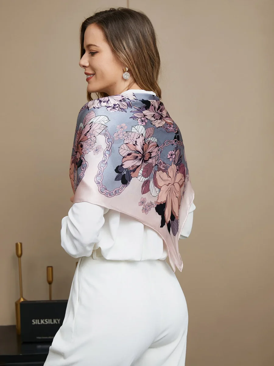 Bufanda / chal cuadrado de seda pura con estampado floral 86x86cm - Imagen 4