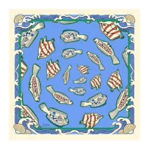 Pañuelo De Seda De Morera 100 Por Ciento Con Estampado De Peces Tamaño 90 X 90 cm
