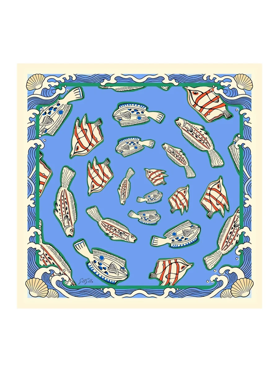 Pañuelo De Seda De Morera 100 Por Ciento Con Estampado De Peces Tamaño 90 X 90 cm - Imagen 2
