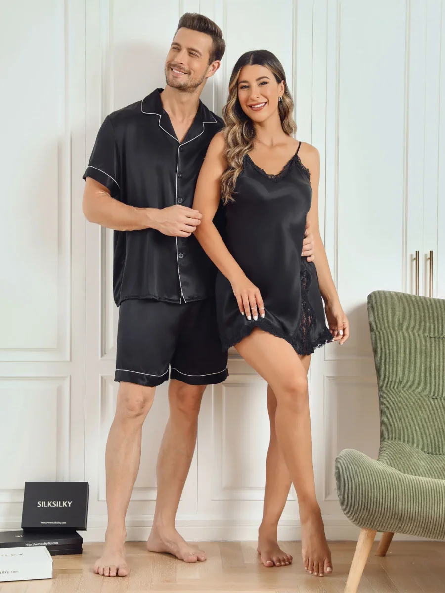 Conjunto Pijama Corto & Camisón Pareja de Seda Pura - Imagen 9