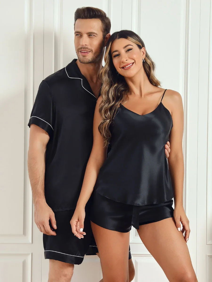 Conjuntos de pijamas cortos de seda pura para parejas Total 4 piezas - Imagen 9