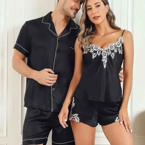 Conjuntos de pijamas cortos de seda pura para parejas Total 4 piezas
