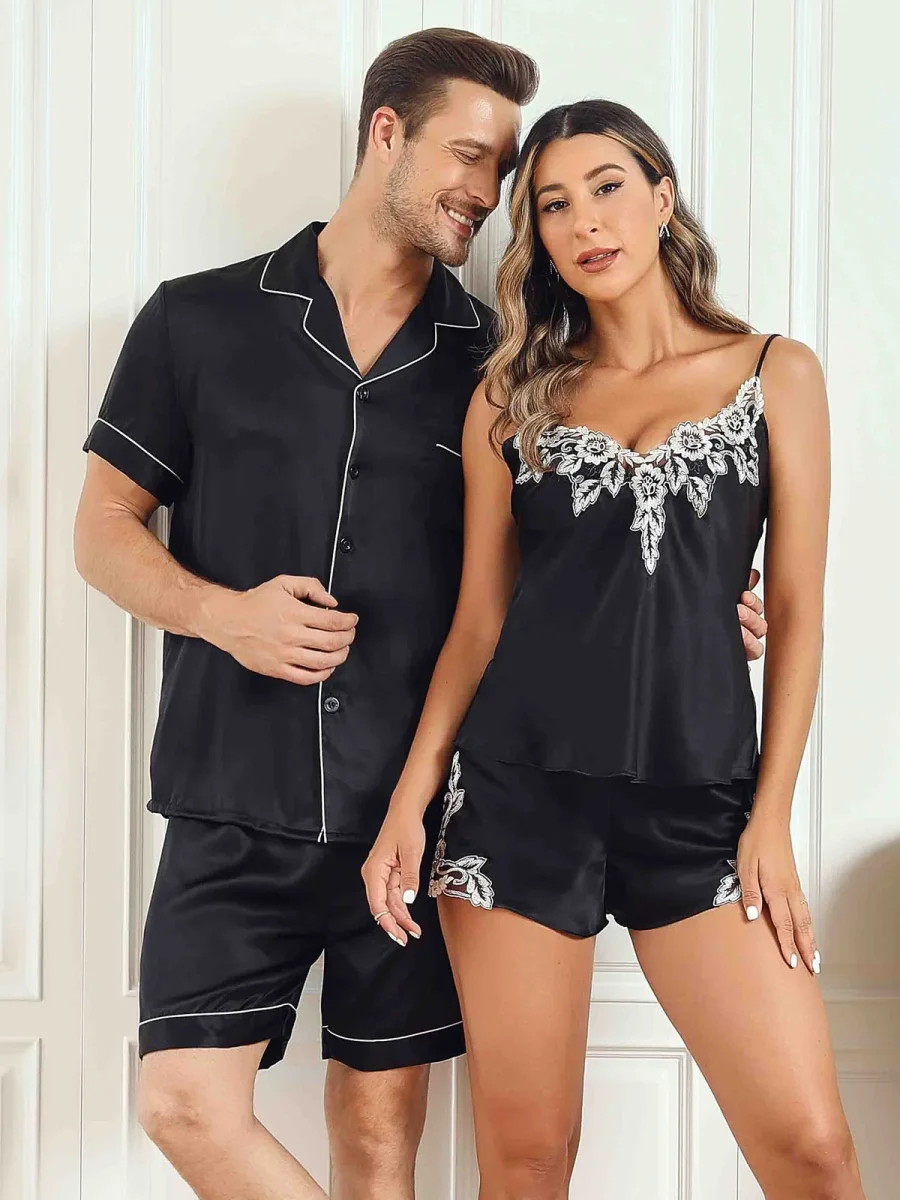Conjuntos de pijamas cortos de seda pura para parejas Total 4 piezas