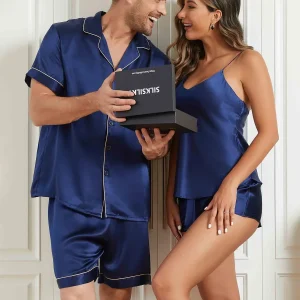 Conjuntos de pijamas cortos de seda pura para parejas Total 4 piezas