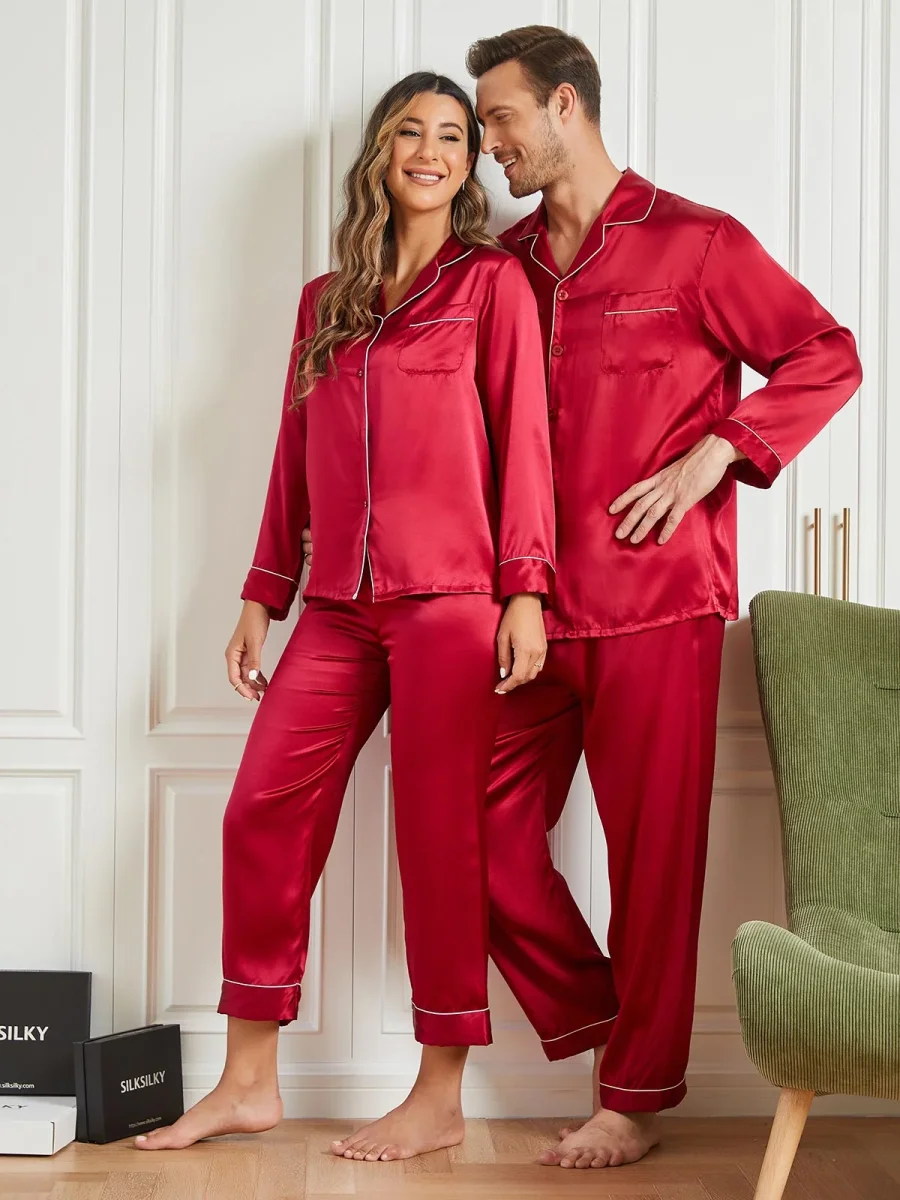 Conjuntos de pijamas largos de seda pura para parejas Total 4 piezas - Imagen 4