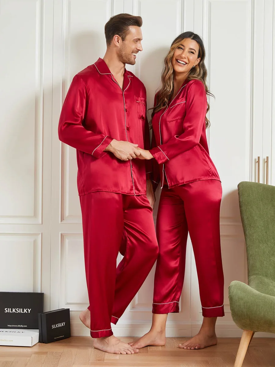 Conjuntos de pijamas largos de seda pura para parejas Total 4 piezas - Imagen 5