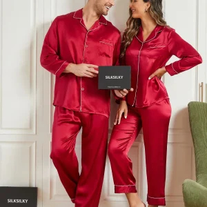 Conjuntos de pijamas largos de seda pura para parejas Total 4 piezas