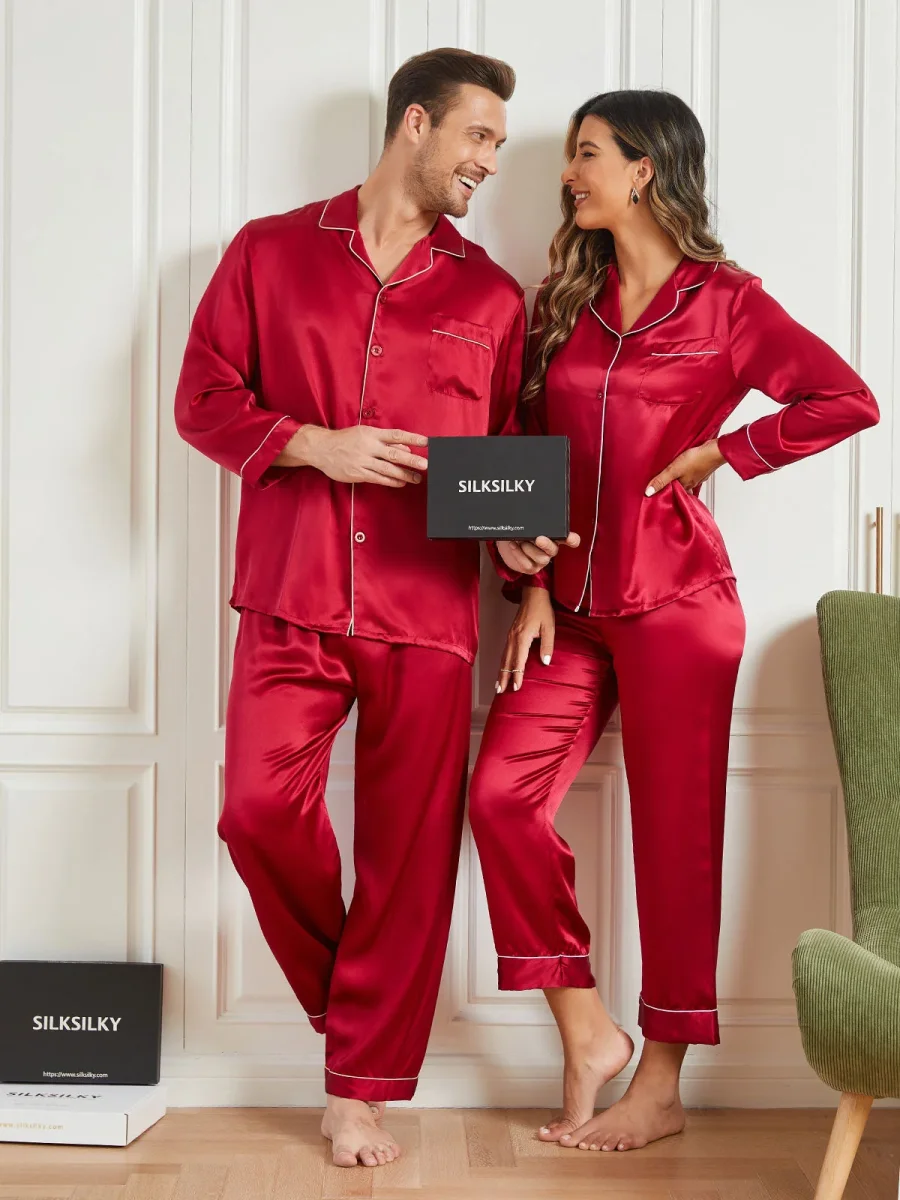 Conjuntos de pijamas largos de seda pura para parejas Total 4 piezas