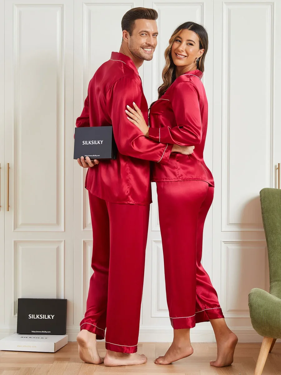 Conjuntos de pijamas largos de seda pura para parejas Total 4 piezas - Imagen 6