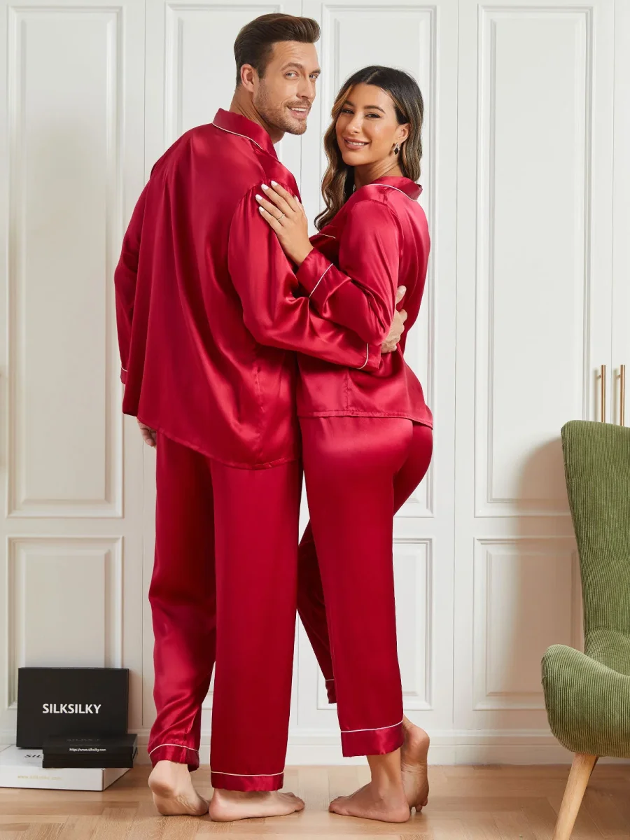 Conjuntos de pijamas largos de seda pura para parejas Total 4 piezas - Imagen 3