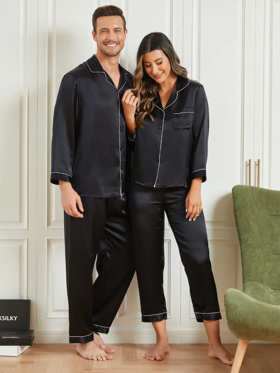 Conjuntos de pijamas largos de seda pura para parejas Total 4 piezas - Imagen 9