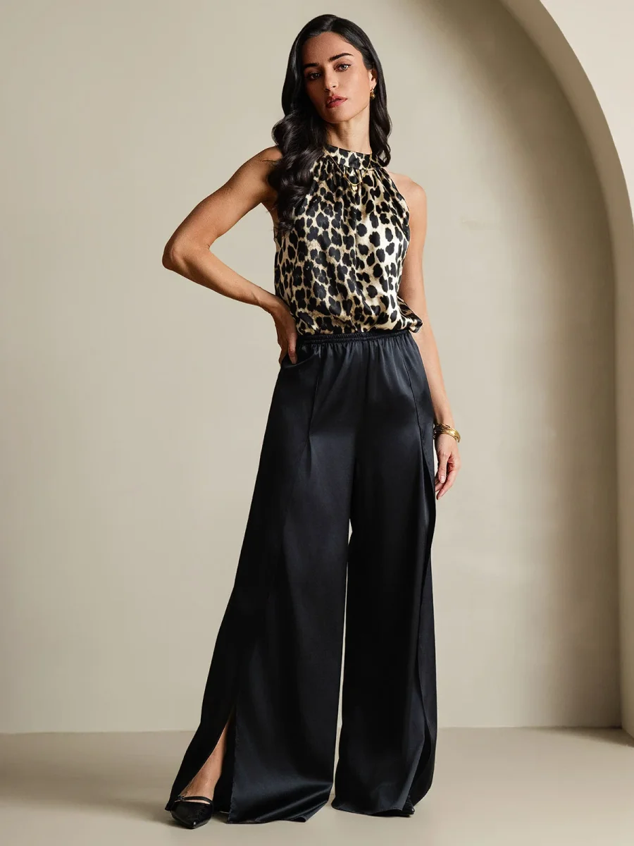 Top De Mujer De Seda 19Momme Sin Mangas Con Cuello Halter Y Estampado De Leopardo - Imagen 8
