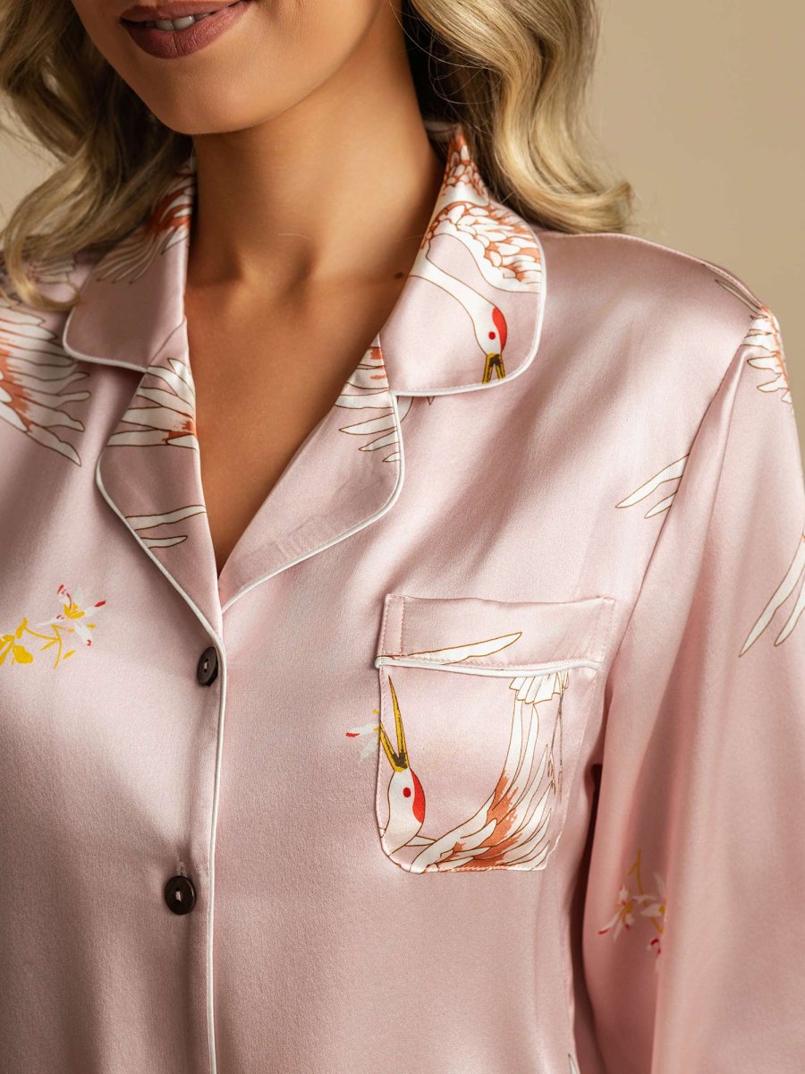 Pijama De Seda Pura 19Momme De Mujer Con Estampado De Grulla Y Cuello Con Solapa De Manga Larga - Imagen 5