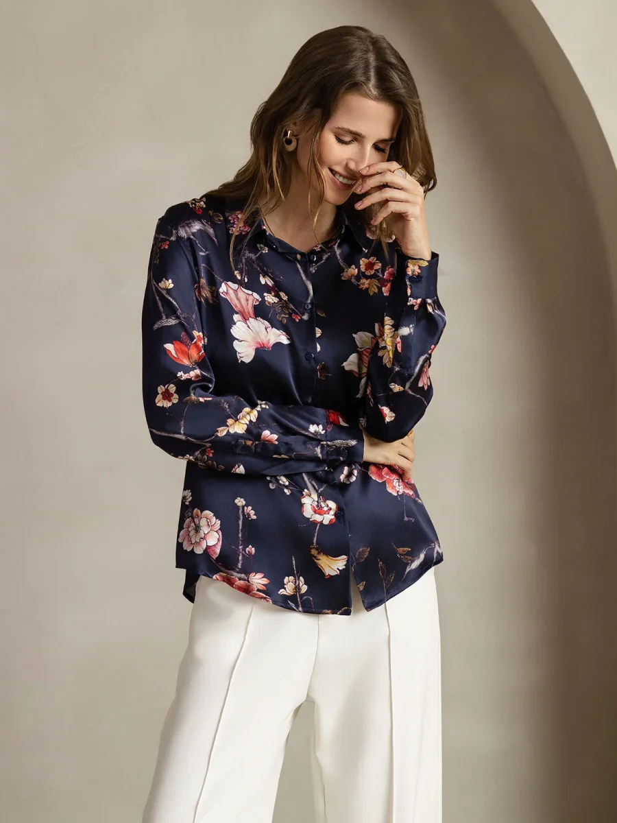 Camisa De Seda 19Momme Mujer Con Estampado Floral Marino Manga Larga Y Cuello Con Solapa - Imagen 6
