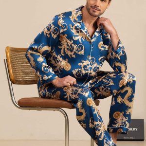 Pure Seda Hombre Estampado Dragón Manga Larga Cuello Notch Conjunto Pijama