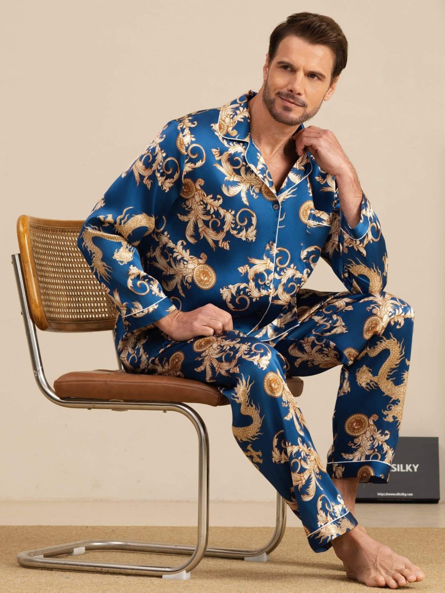 Pure Seda Hombre Estampado Dragón Manga Larga Cuello Notch Conjunto Pijama