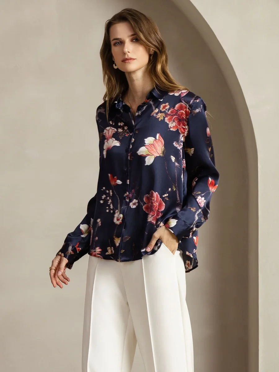 Camisa De Seda 19Momme Mujer Con Estampado Floral Marino Manga Larga Y Cuello Con Solapa - Imagen 5