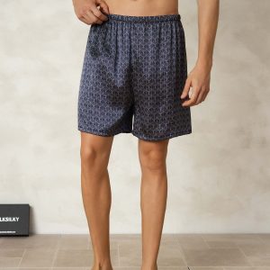 Pantalones Cortos De Dormir Para Hombre Pure Silk Ginkgo Azul Marino Estampado Cintura Elástica