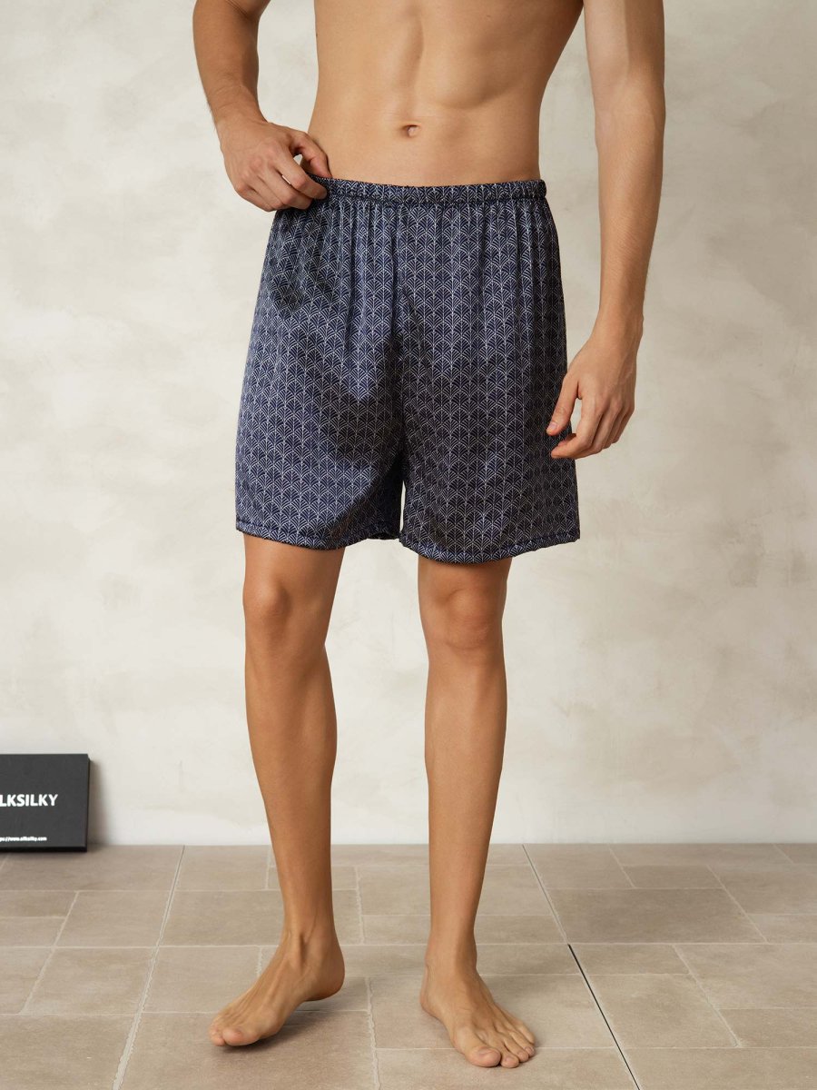 Pantalones Cortos De Dormir Para Hombre Pure Silk Ginkgo Azul Marino Estampado Cintura Elástica - Imagen 2