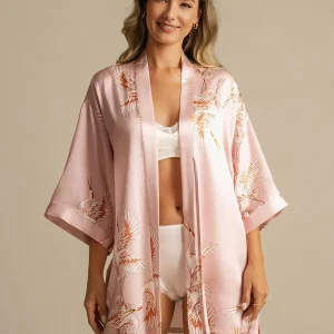 19Momme Bata Kimono Corta De Seda Pura Para Mujer Con Estampado De Grulla Y Diseño Cruzado Manga 3/4
