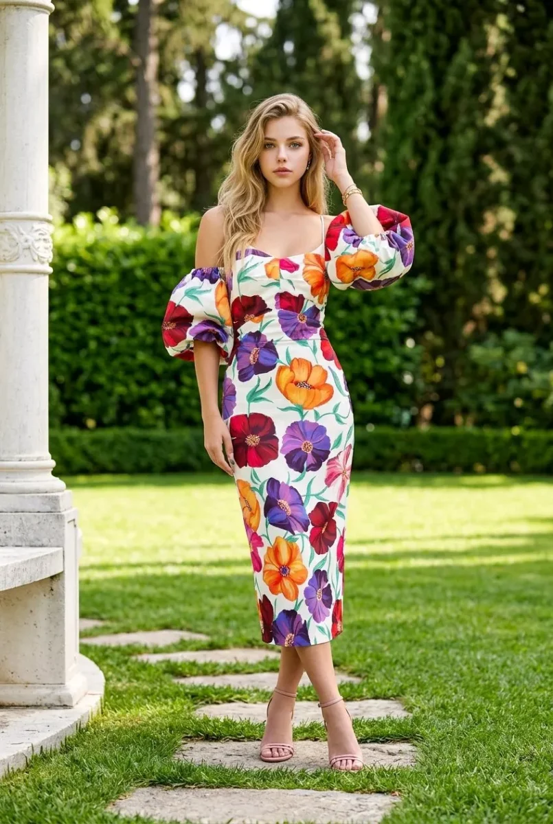 Vestido de cocktail Carolina, de estampado floral y corte midi - Imagen 2