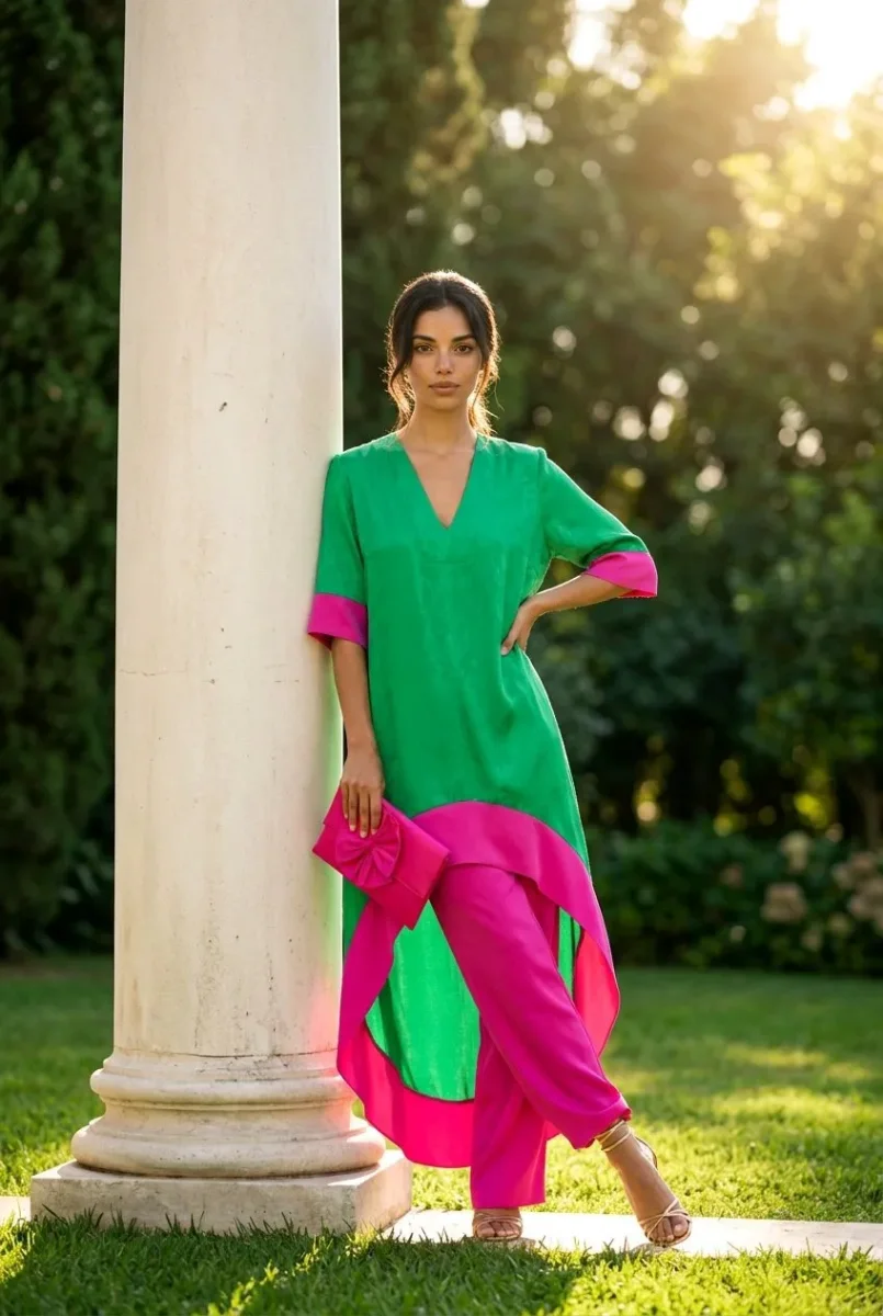 Conjunto de invitada Clara, diseño de blusa estilo kaftán y pantalón ancho - Imagen 3