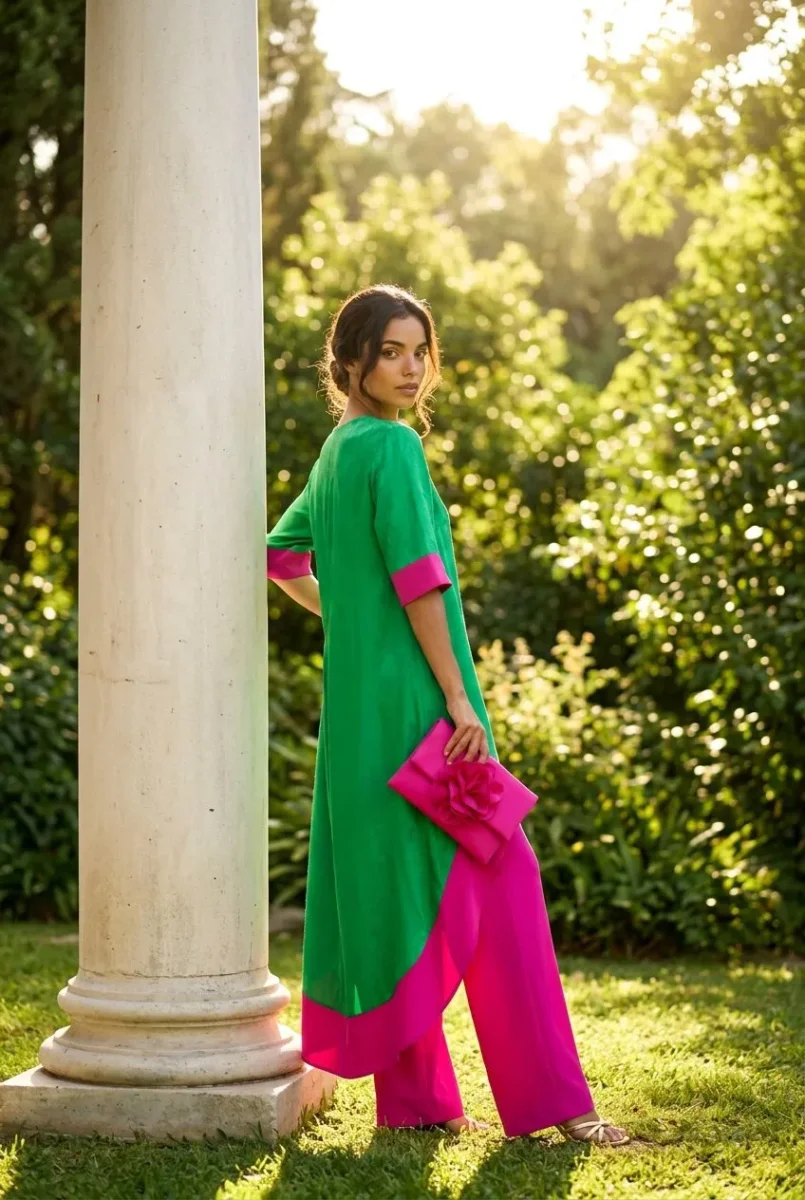 Conjunto de invitada Clara, diseño de blusa estilo kaftán y pantalón ancho - Imagen 4