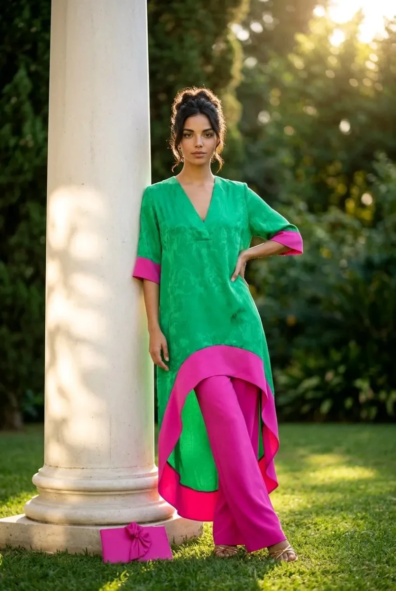 Conjunto de invitada Clara, diseño de blusa estilo kaftán y pantalón ancho - Imagen 2