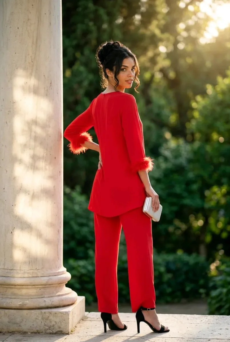 Conjunto de invitada Liliam, detalle de plumas en las mangas y pantalón recto - Imagen 5