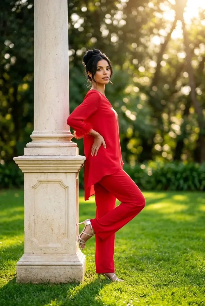 Conjunto de invitada Liliam, detalle de plumas en las mangas y pantalón recto - Imagen 4