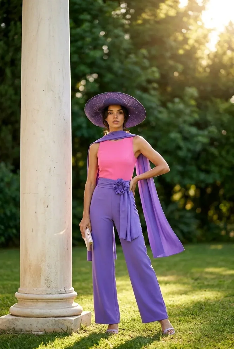 Mono de invitada Naroa, diseño liso sin mangas y pantalón ancho - Imagen 3
