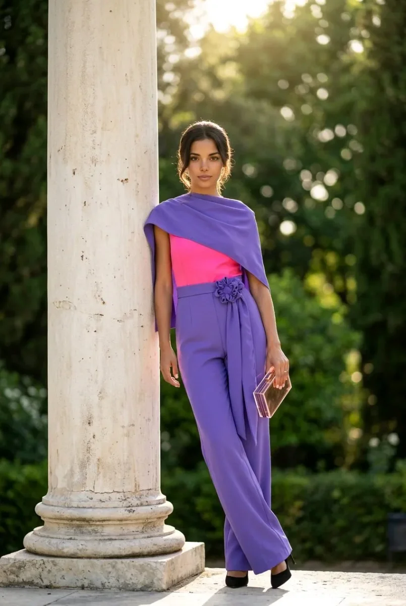 Mono de invitada Naroa, diseño liso sin mangas y pantalón ancho - Imagen 4