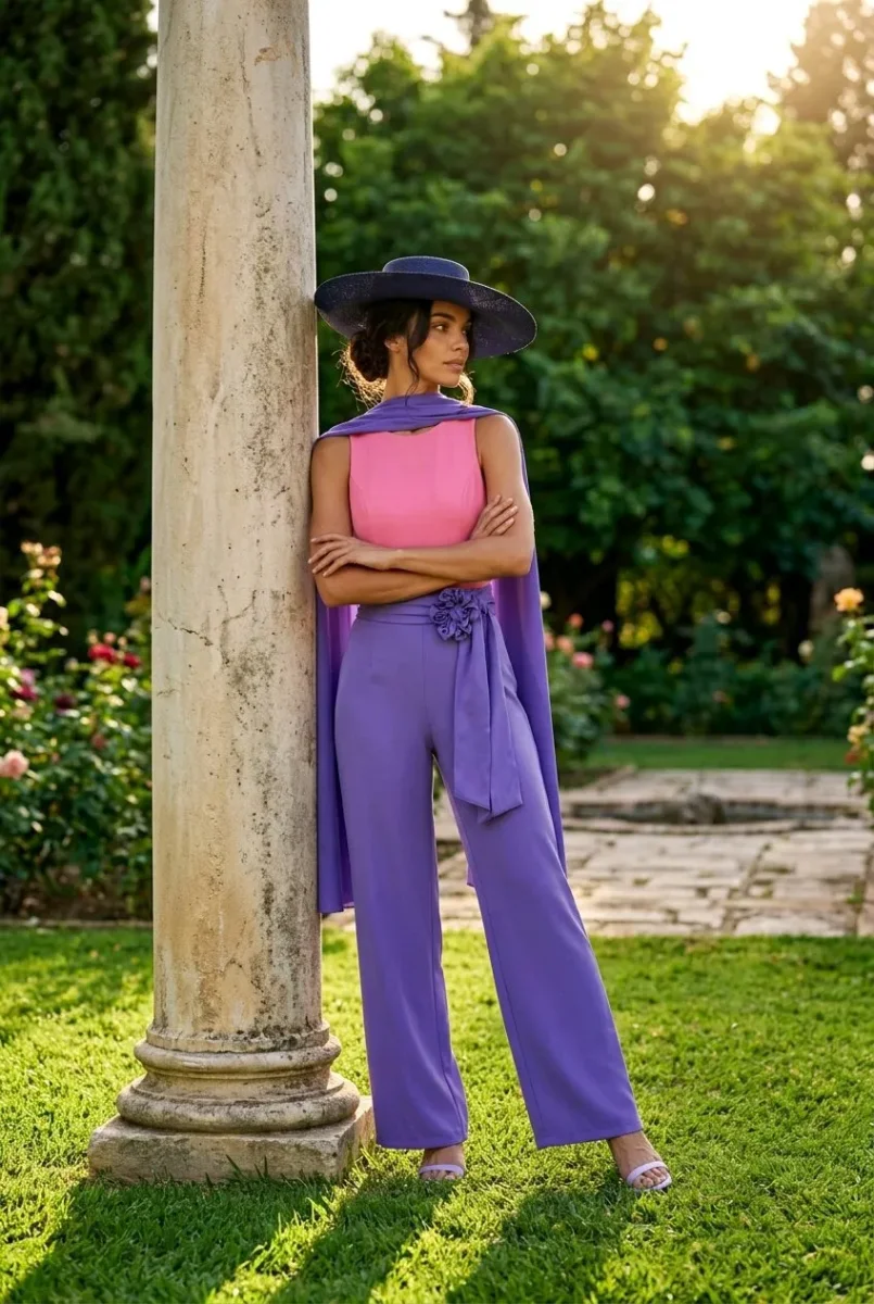 Mono de invitada Naroa, diseño liso sin mangas y pantalón ancho - Imagen 2