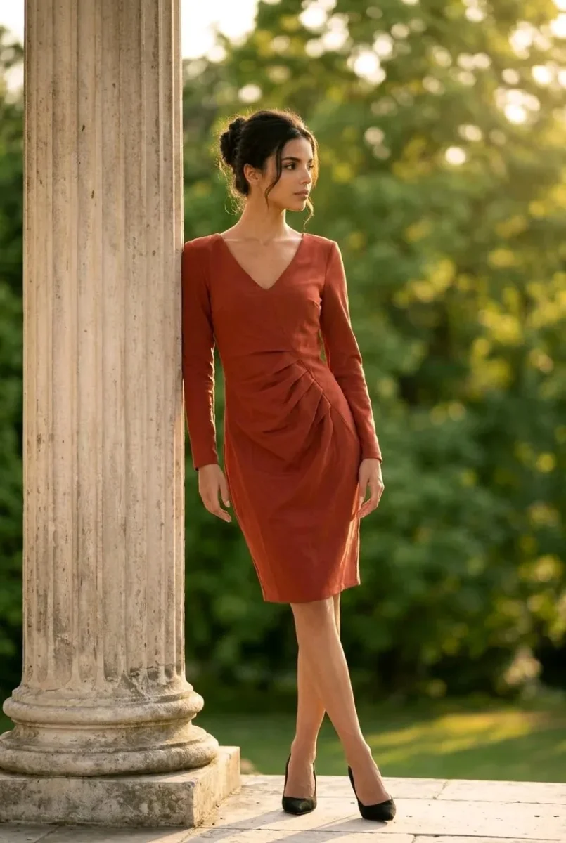 Vestido de cocktail Carlota,diseño drapeado color teja - Imagen 3