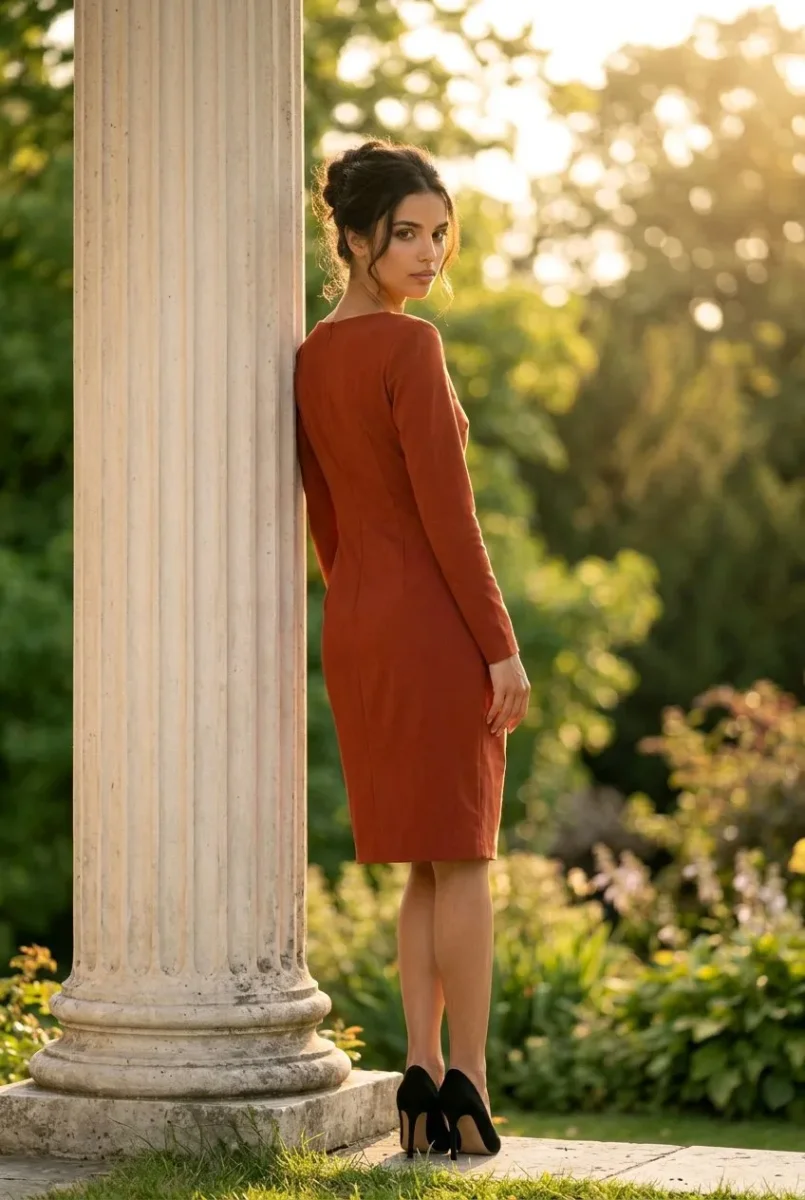 Vestido de cocktail Carlota,diseño drapeado color teja - Imagen 7