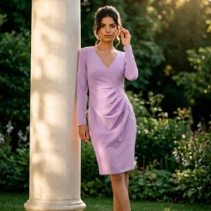 Vestido de cocktail Carlota,diseño drapeado color lila