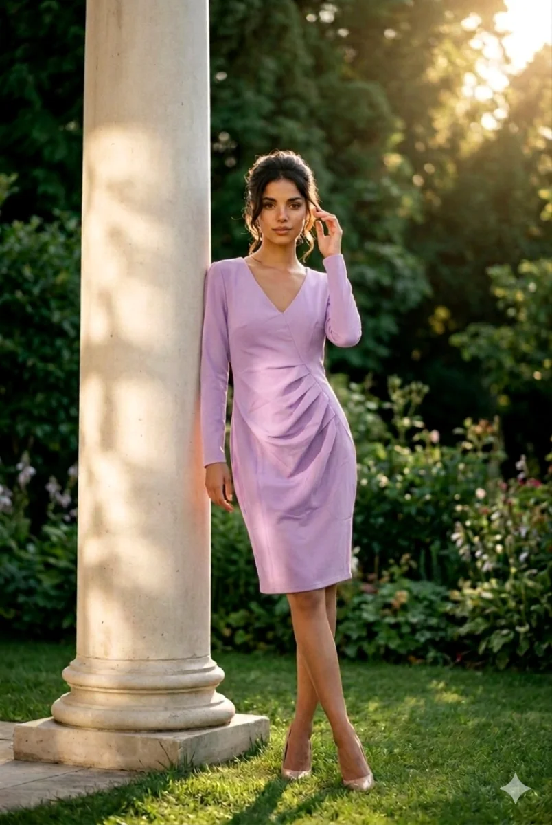 Vestido de cocktail Carlota,diseño drapeado color lila