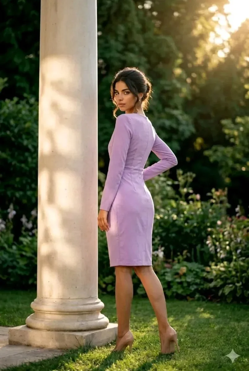 Vestido de cocktail Carlota,diseño drapeado color lila - Imagen 5