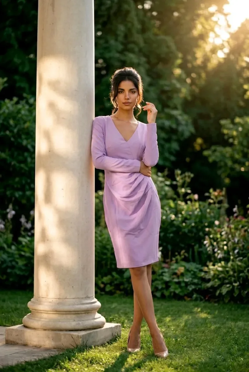 Vestido de cocktail Carlota,diseño drapeado color lila - Imagen 3