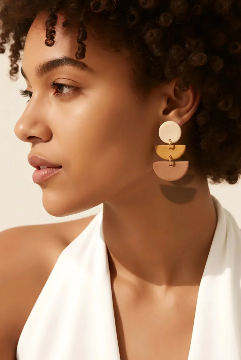 Pendientes geométricos color camel, Troya - Imagen 2