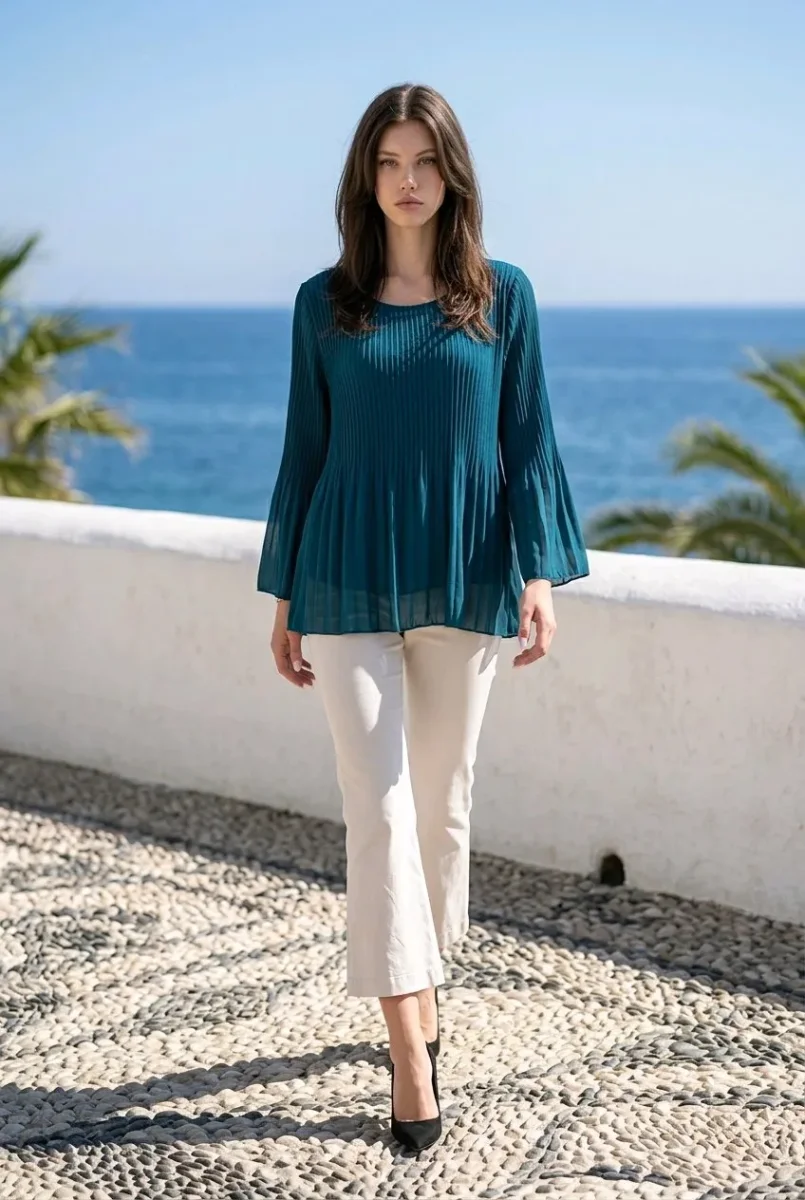 Blusa plisada de manga ancha - Imagen 2