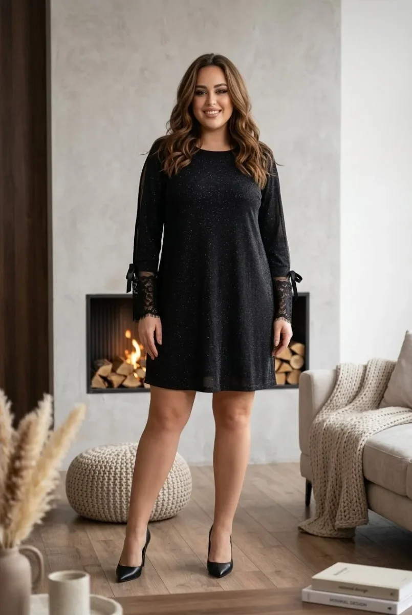 Vestido de lurex con encaje, escote redondeado y manga larga transparente - Imagen 3