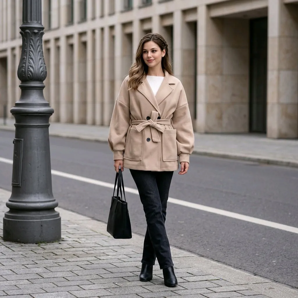 Chaqueta-abrigo 3/4 de paño con cinturón - Imagen 7