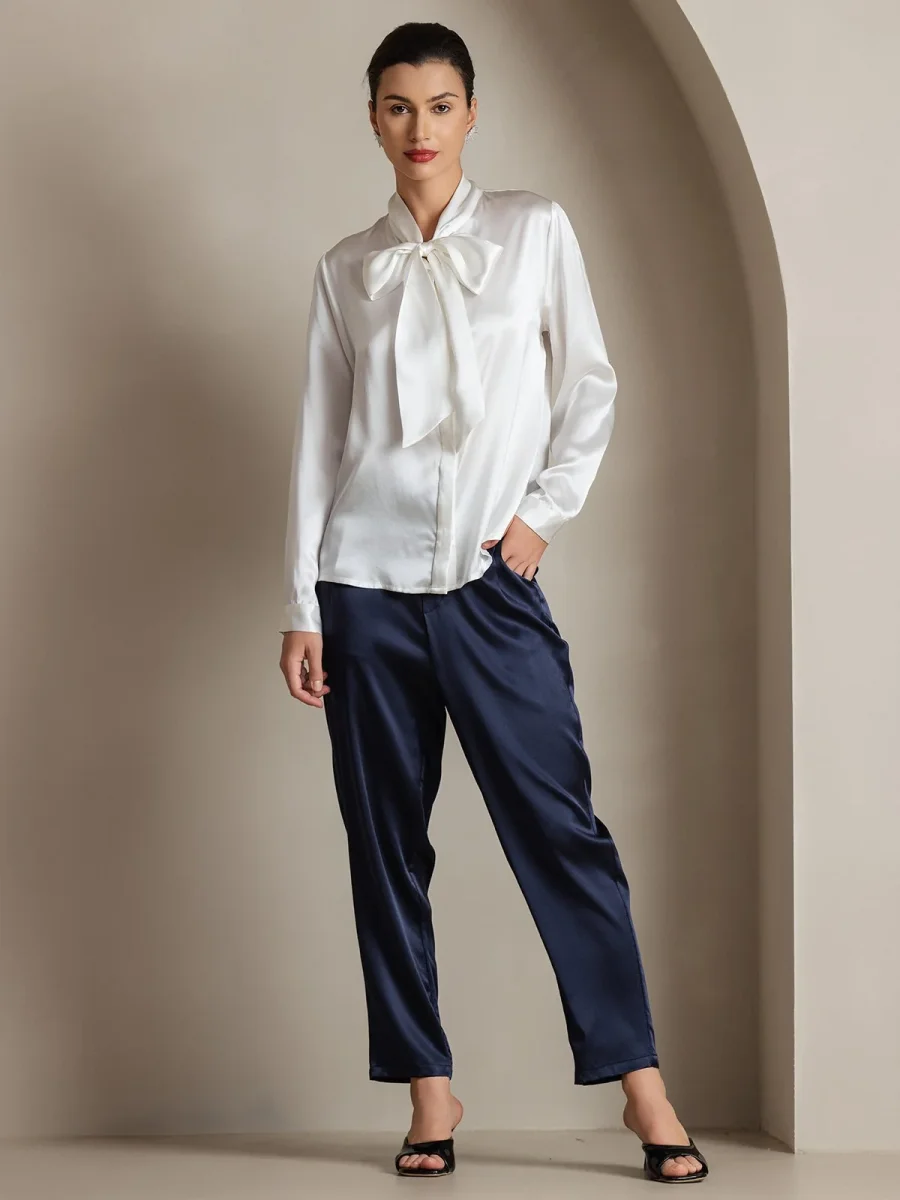 19 Momme Camisa Elegante de Seda con Cuello Lazo y Manga Larga - Imagen 6